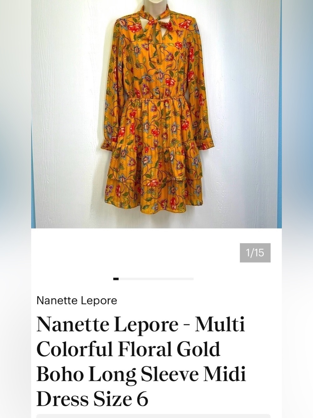 Nanette Lepore Mustard Gold Floral Tie-Neck Long Sleeve Midi Dress
